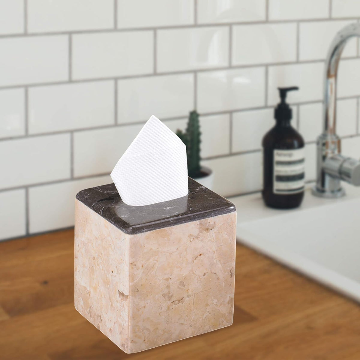 Creative Home Natural Champagne and Charcoal Marble 2-Tone Collection Square Tissue Box Holder Tissue Paper Holder