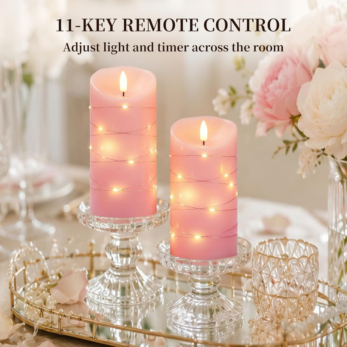 Homemory Flameless Candles with String Lights, 2 Pack Embedded Fairy String Lights LED Candles, Electric Flickering Candles with Remote Control and Timer, Real Wax, Pink