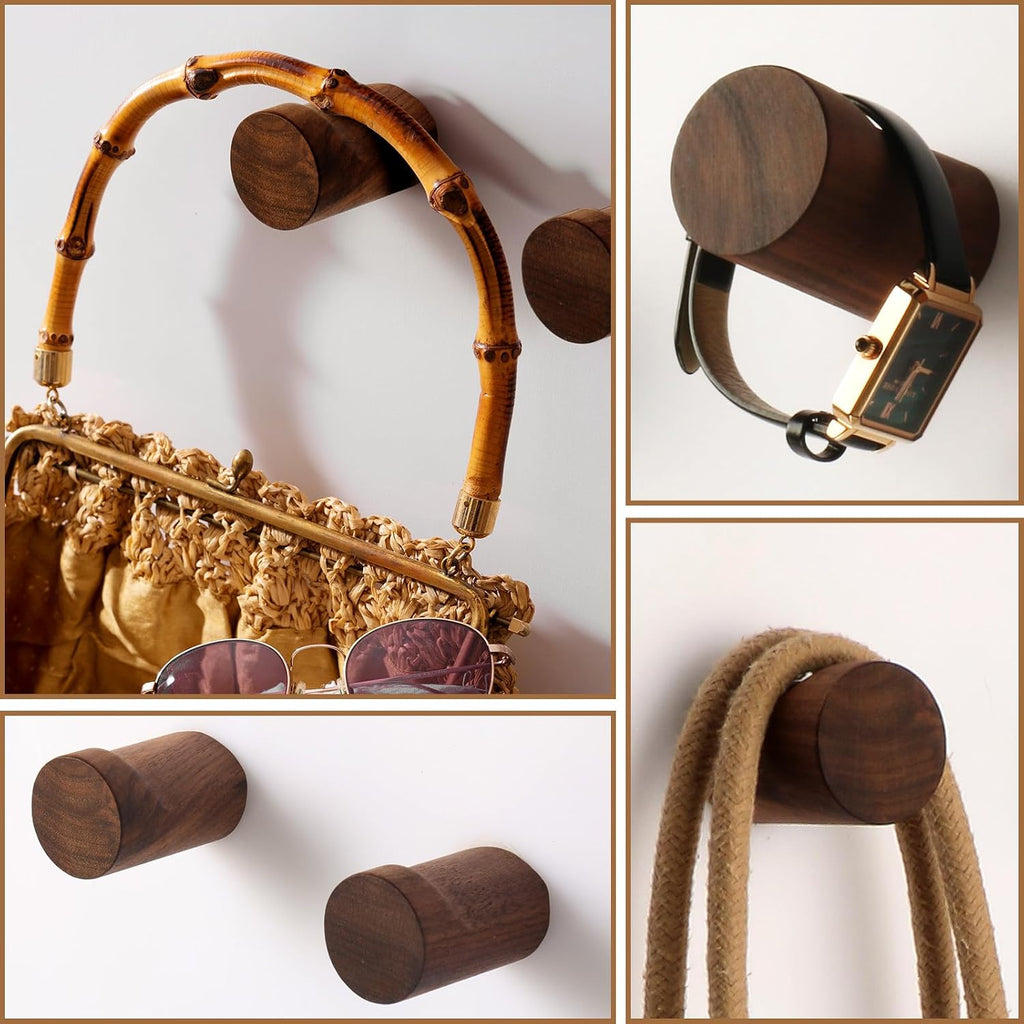 4 Pack Wood Wall Hooks Walnut Wooden Coat Hooks Adhesive Hooks Heavy Duty