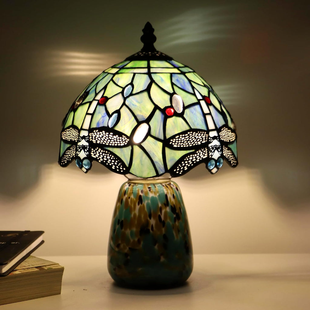 Tiffany Mushroom Table Lamp Dragonfly Style Sea Blue Stained Glass Accent Lamp Brown Blue Glass Base 8X8X12 Inch