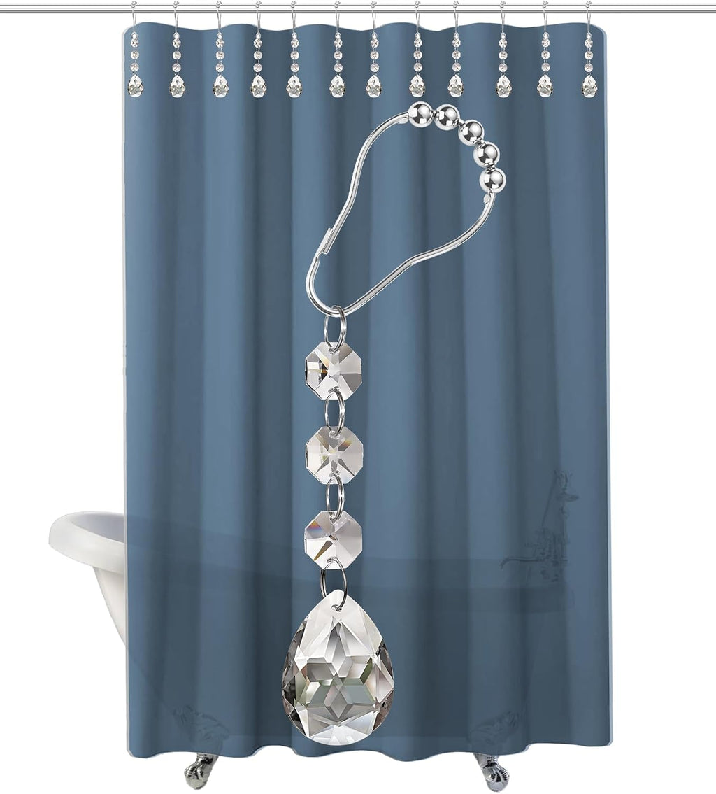 Shower Curtain Hooks Rings for Bathroom, 12PCS Shower Hooks with Gemstone Crystal Bead Charms, Stainless Steel Rust Resistant Curtain Rings (Clear Bloomdrop)