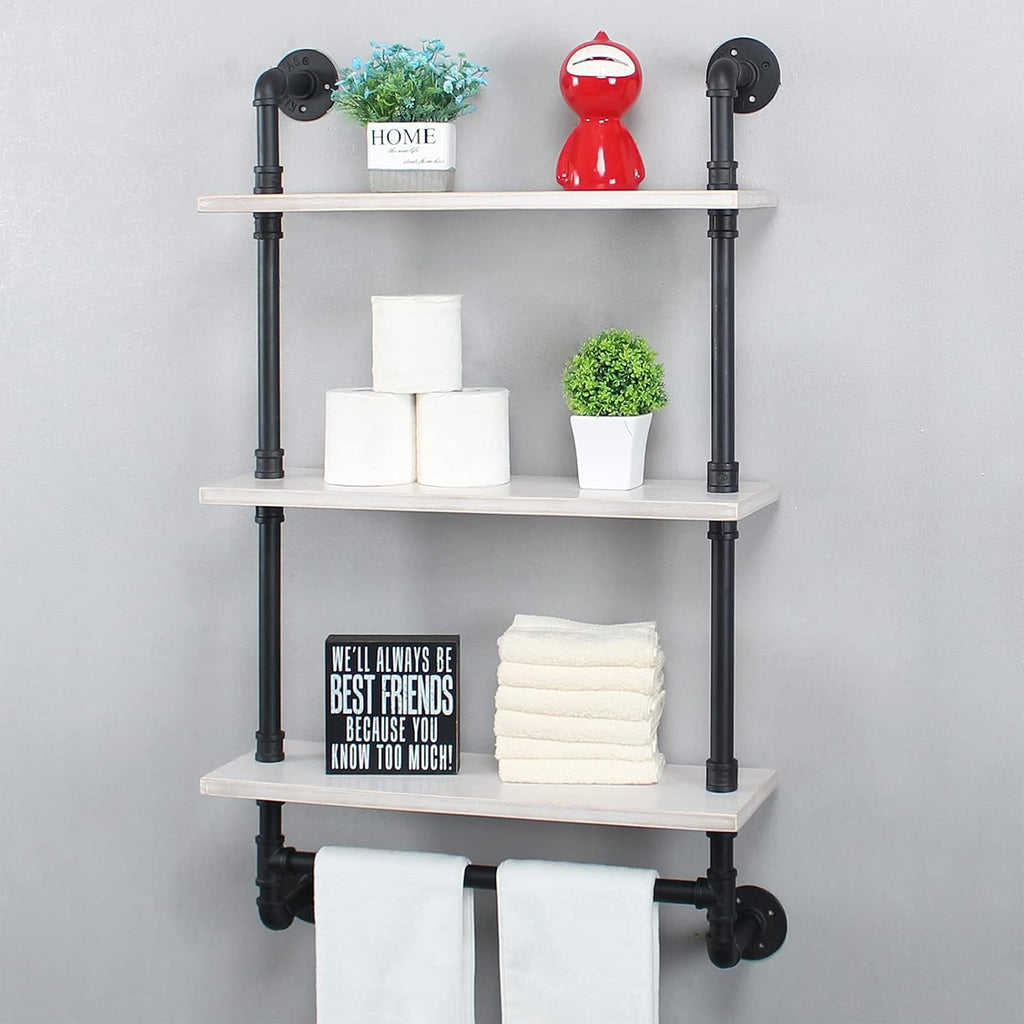 MBQQ Iron Pipe Shelves Industrial Bathroom Shelves with Towel bar,24in Rustic Metal Pipe Floating Shelves Pipe Wall Shelf,3 Tier Industrial Shelf Wall Mounted,Black & White