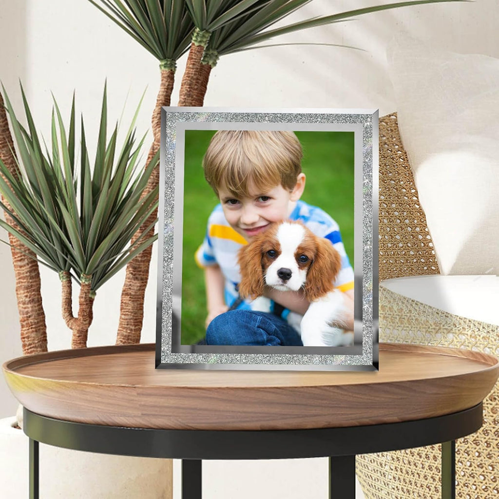 HIKWADERY 8x10 Picture Frames Silver - Set of 4, Sparkle Real Glass 8 by 10 Photo Frame Mirrored Edge Great Gift, for Tabletop Display, Wedding Birthday Mothers Day Gifts (8 x 10, Glitter Silver)