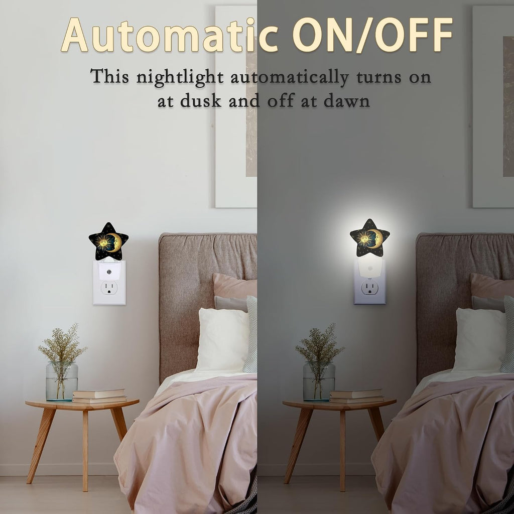 Celestial Moon Golden Sun Night Light Plug-in Dusk to Dawn Smart Sensor White Led Nightlight for Bedroom Bathroom Kitchen Hallway Stairs Energy Efficient Decor Desk Lamp