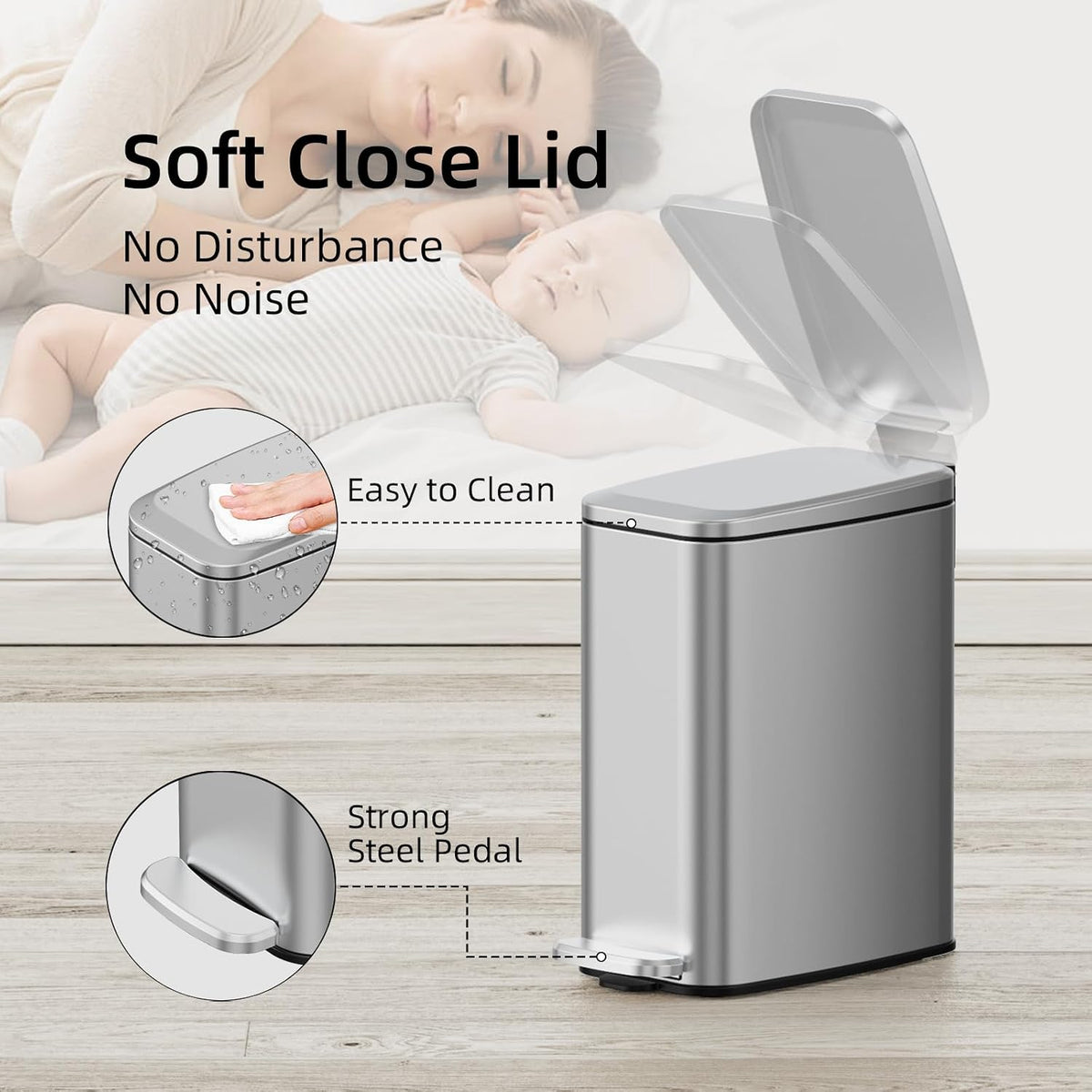 KUK Slim Bathroom Trash Can with Lid, 1.6 Gal / 6L Stainless Steel Small Garbage Bin with Detachable Inner Bucket, Step Pedal, Silent Close, Wastebasket for Toilet, Bedroom, Home, Office (Silver)