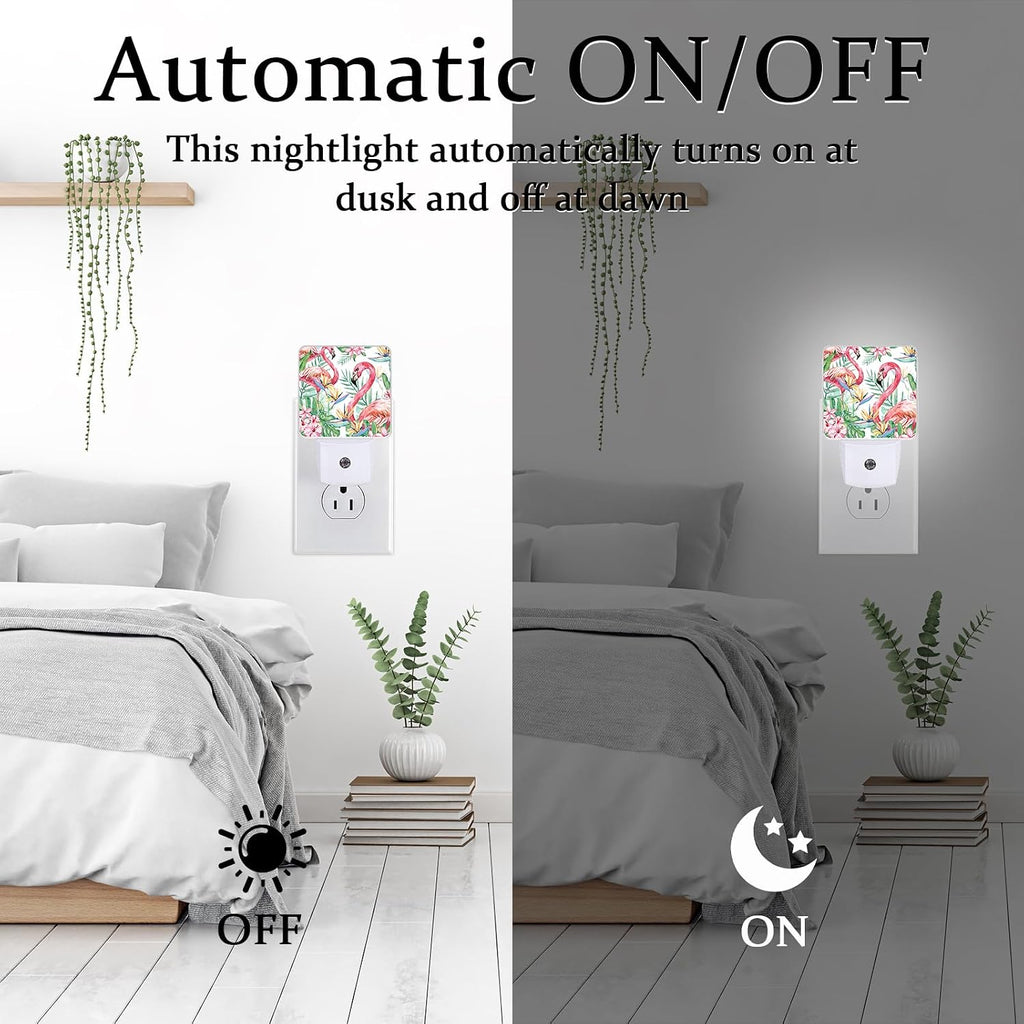 Summer Flamingo Night Light, Plug-into Wall Palm Tree Tropical Flower Nightlight Lamp with Dusk to Dawn Sensor, Led Lamp 0.5W Energy Efficient for Boys Girls Adults Home Decor