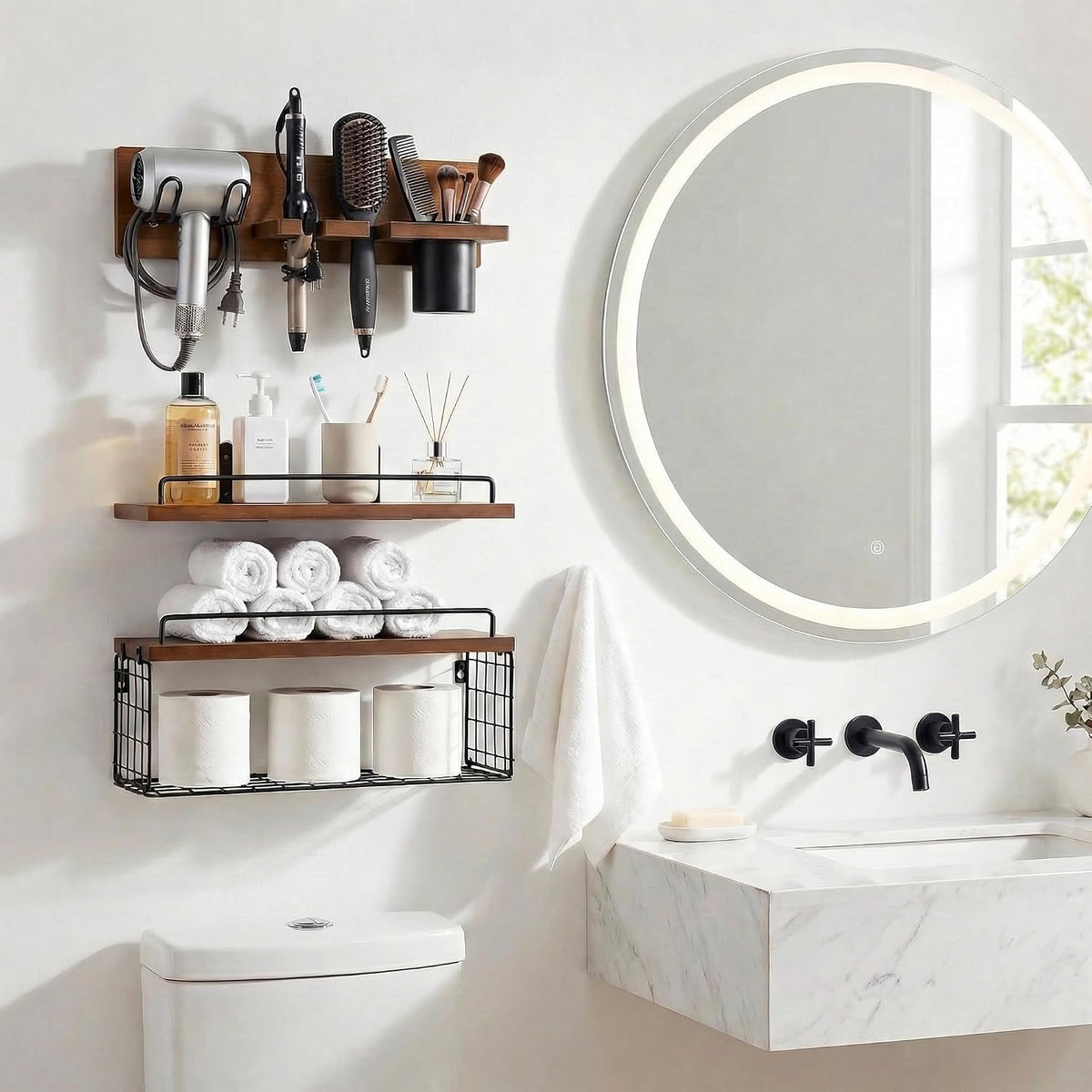 3-Tier Bathroom Floating Shelves with Hair Dryer Holder, Brown