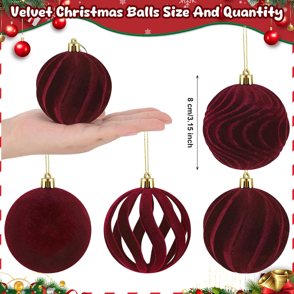 DERTE 12Pcs 3.15in Velvet Christmas Tree Balls Ornaments (Burgundy)