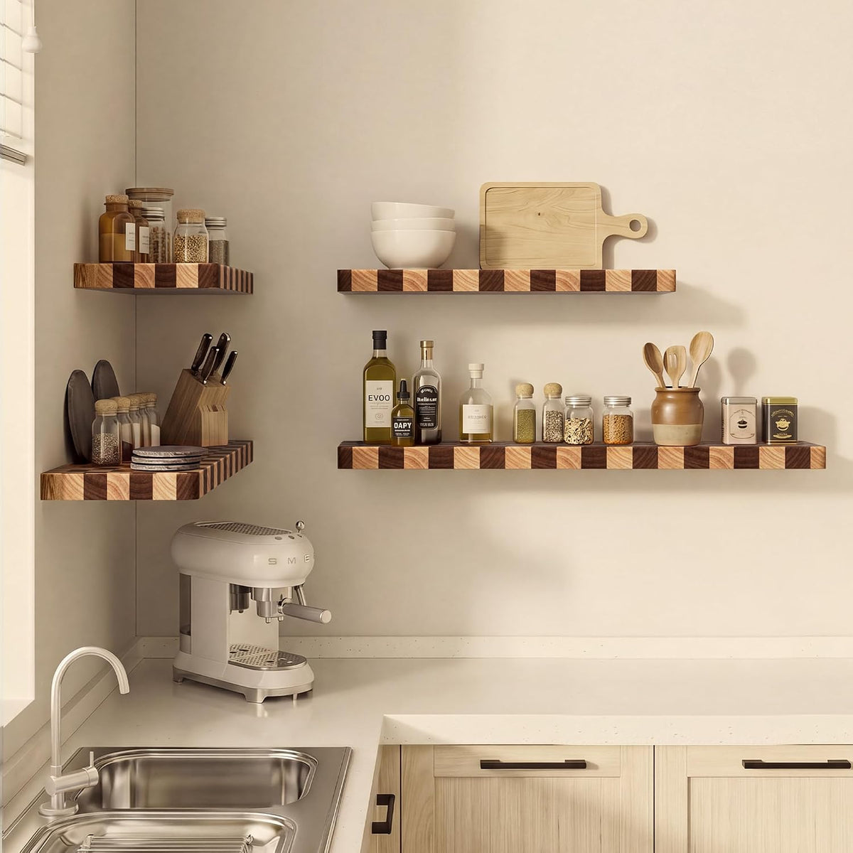Floating Shelves for Wall, 24 Inch Solid Wood Checkered Wall Shelves