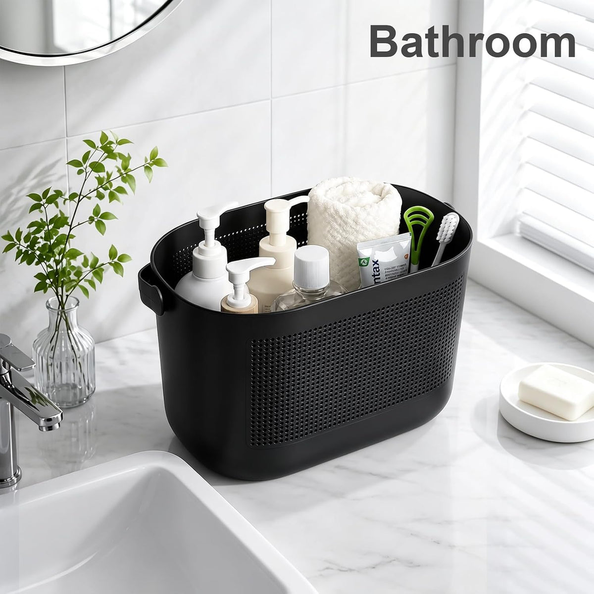 Plastic Portable Shower Caddy Basket, Storage Organizer with Handle, Black