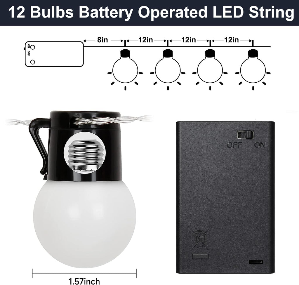 JoyBox Design 12 LED Light Bulbs - Battery Operated G40 String Lighting for Marquee Letters Numbers - Indoor & Outdoor Kids Party and Christmas Decor - Bedroom Decorative Waterproof Warm Lights