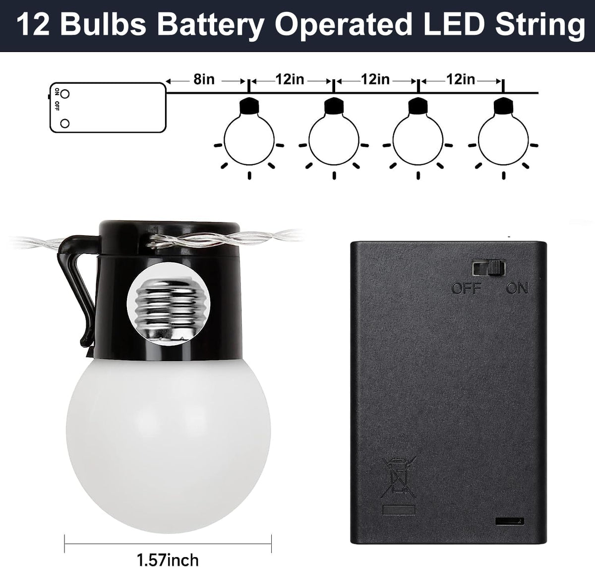 JoyBox Design 12 LED Light Bulbs - Battery Operated G40 String Lighting for Marquee Letters Numbers - Indoor & Outdoor Kids Party and Christmas Decor - Bedroom Decorative Waterproof Warm Lights