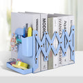Honagu Adjustable Bookends, Metal Book Ends for Shelves Heavy Book, Bookend for Home, Office, Books, Papers, Book Stopper with Removable Hook, Pen Holder, Gifts for Students, Teachers（Light Blue）