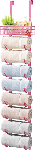HapiRm Towel Racks for Bathroom Storage - 9 Tier Over The Door & Wall Mount Rolled Towel Storage Organizer Holder with Metal Shelf Basket for Small Bathroom, Camper, Rv - Pink, Patented
