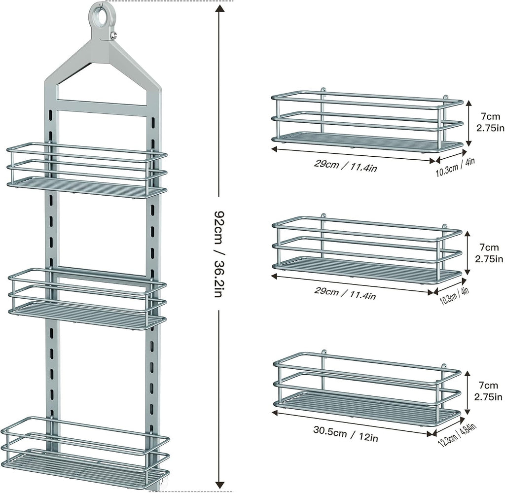 Orimade Adjustable Anti-slip Shower Caddy Overhead, Rustproof Hanging Shower Organizer With 2 Razor Hooks - No Drilling, 3-Tier Shelves, Silver Grey