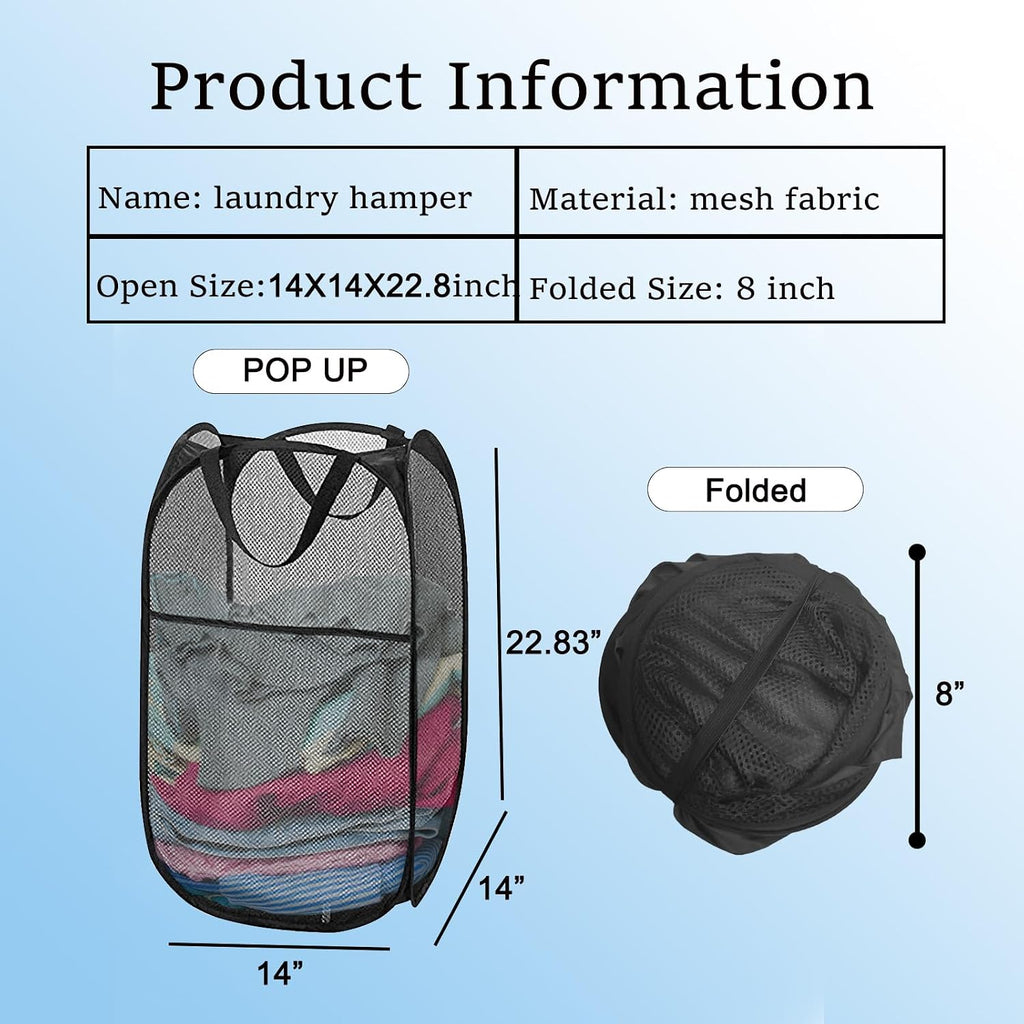 Pack of 2 Pop Up Mesh Laundry Hamper for Cruise, Collapsible Laundry Basket Space Saving, Large Side Pocket, Easy to Carry Handles