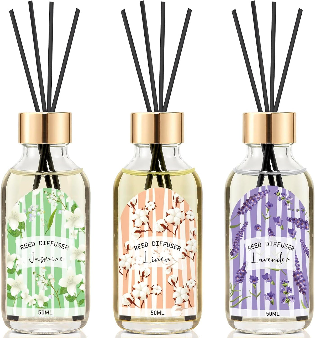 Reed Diffuser Set of 3 - Linen Lavender Jasmine Oil Diffuser with 15 Sticks, Reed Diffusers for Home Bathroom Shelf Air Freshener, 1.7 Fl. Oz Each, Total 5.1 Fl. Oz
