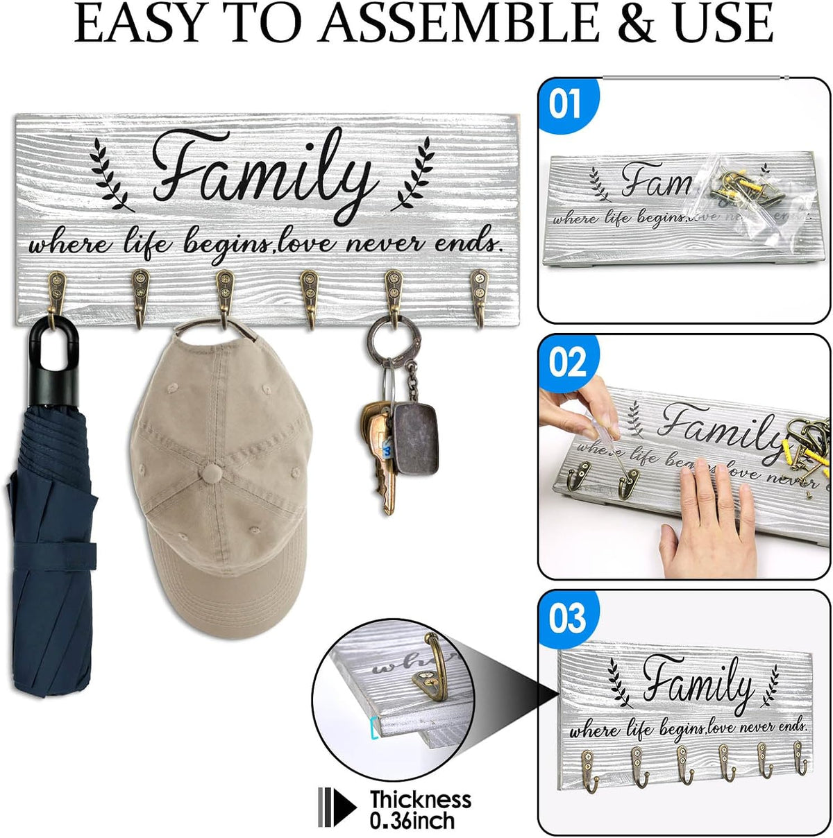 AHYS Key Holder Wall Mount Family Wall Decor Wooden Key Rack Hanger with 6 Hooks for Farmhouse Home Entryway Living Room Decor - Light Grey