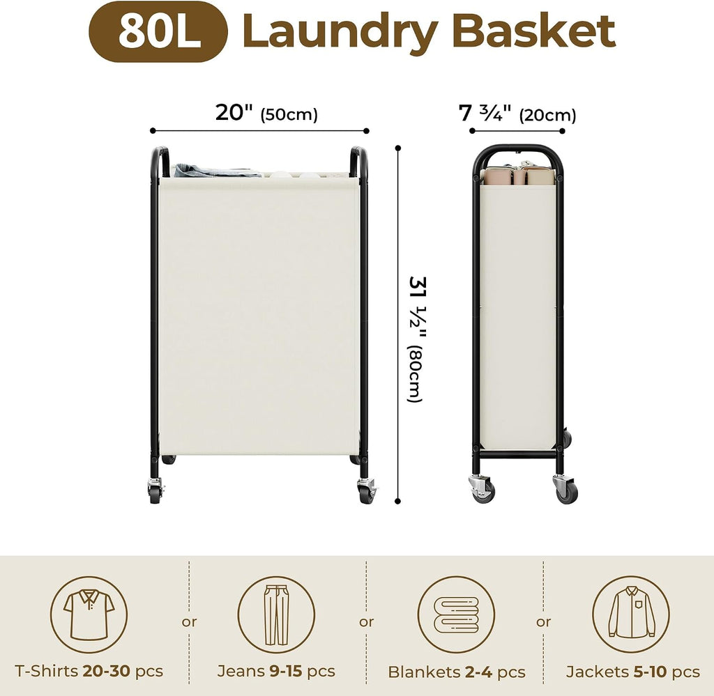 GRANNY SAYS Laundry Hamper, Slim Basket with Wheels and Handles, Beige, 80L