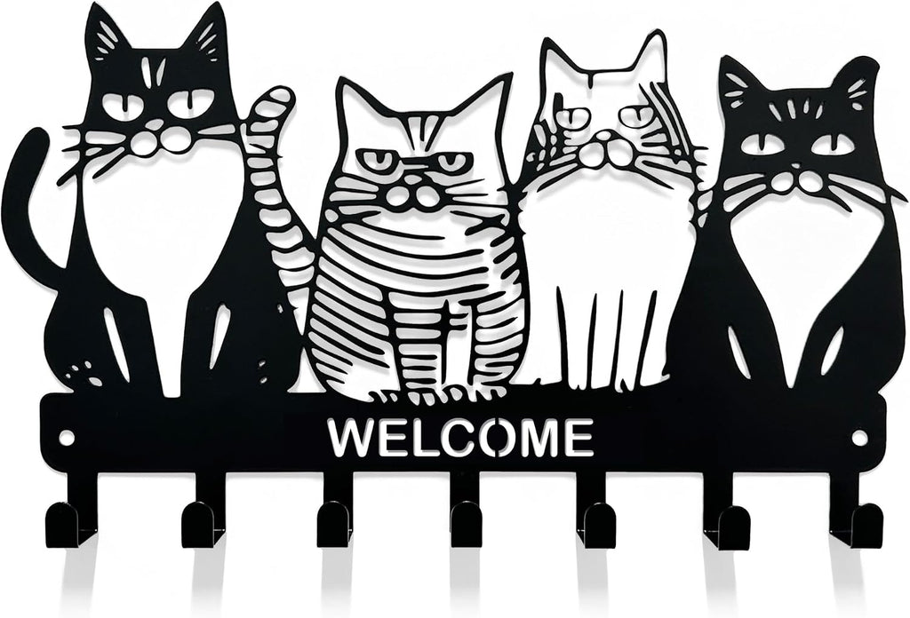 Key Holder for Wall, 11.88'' x 7'' Black Metal Cat Shape