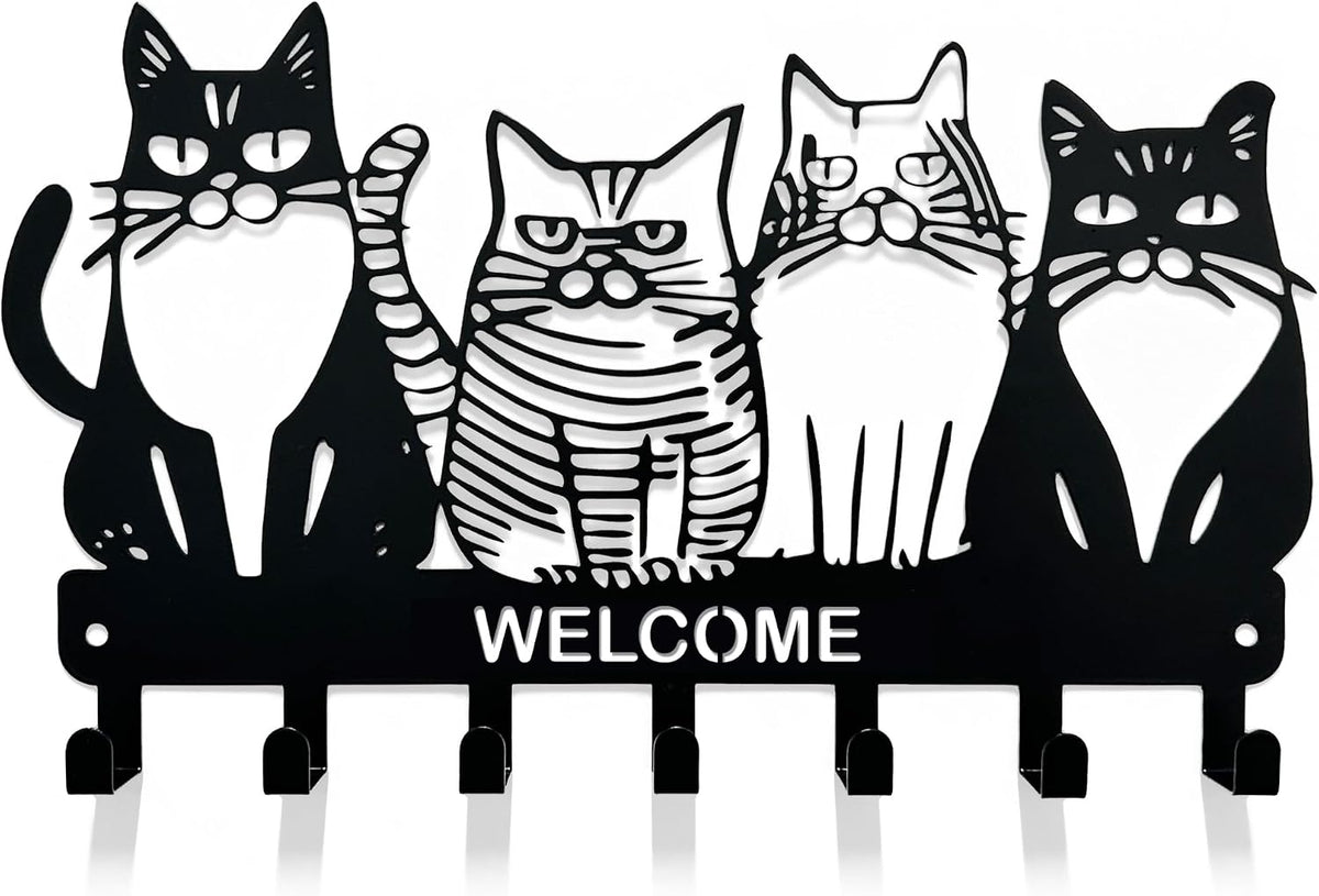 Key Holder for Wall, 11.88'' x 7'' Black Metal Cat Shape