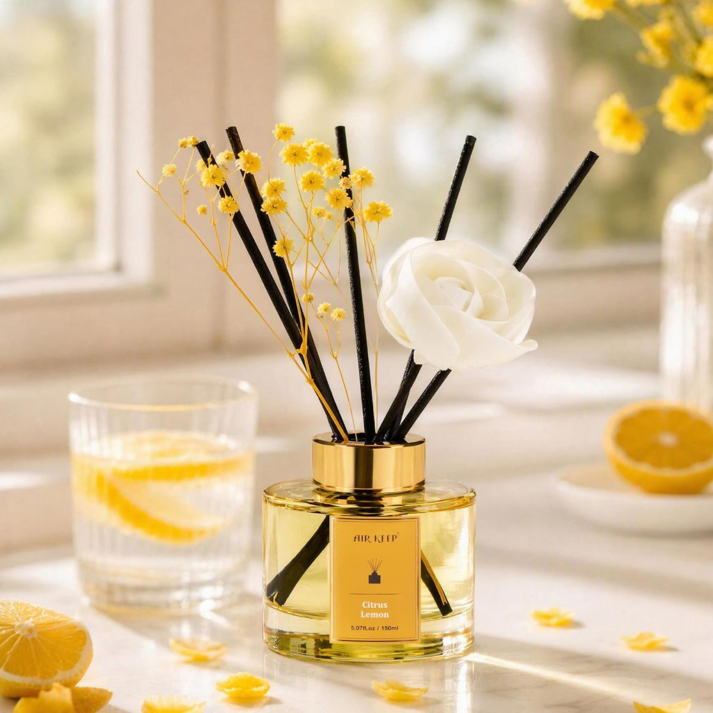 Airkeep Flower Reed Diffuser Set, Citrus Lemon Diffuser Set, 5.07 Fl.oz (150ml), Home Fragrance, Bathroom, Bedroom & Home Décor, Air Freshener