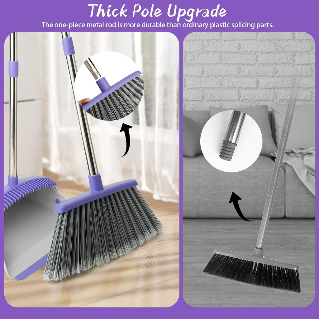 Broom and Dustpan Set with 51" Adjustable Long Handle-Gray Purple