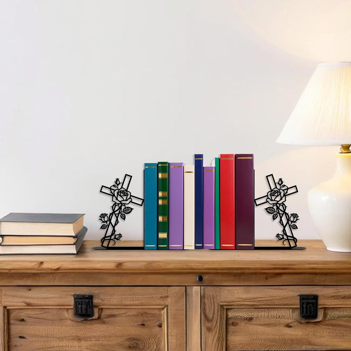 Metal Decorative Bookends Christian Cross Rose Book Ends for Shelves Faith Home Office Library Desk Decor Christian Gift for Book Lovers(Floral Cross)
