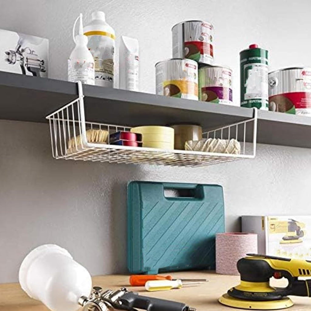 Tebery 2 Pack White Under Shelf Wire Basket Hanging Storage Baskets, Under Cabinet Add-on Storage Racks Slide-in Baskets Organizer for Kitchen Pantry Desk Bookshelf