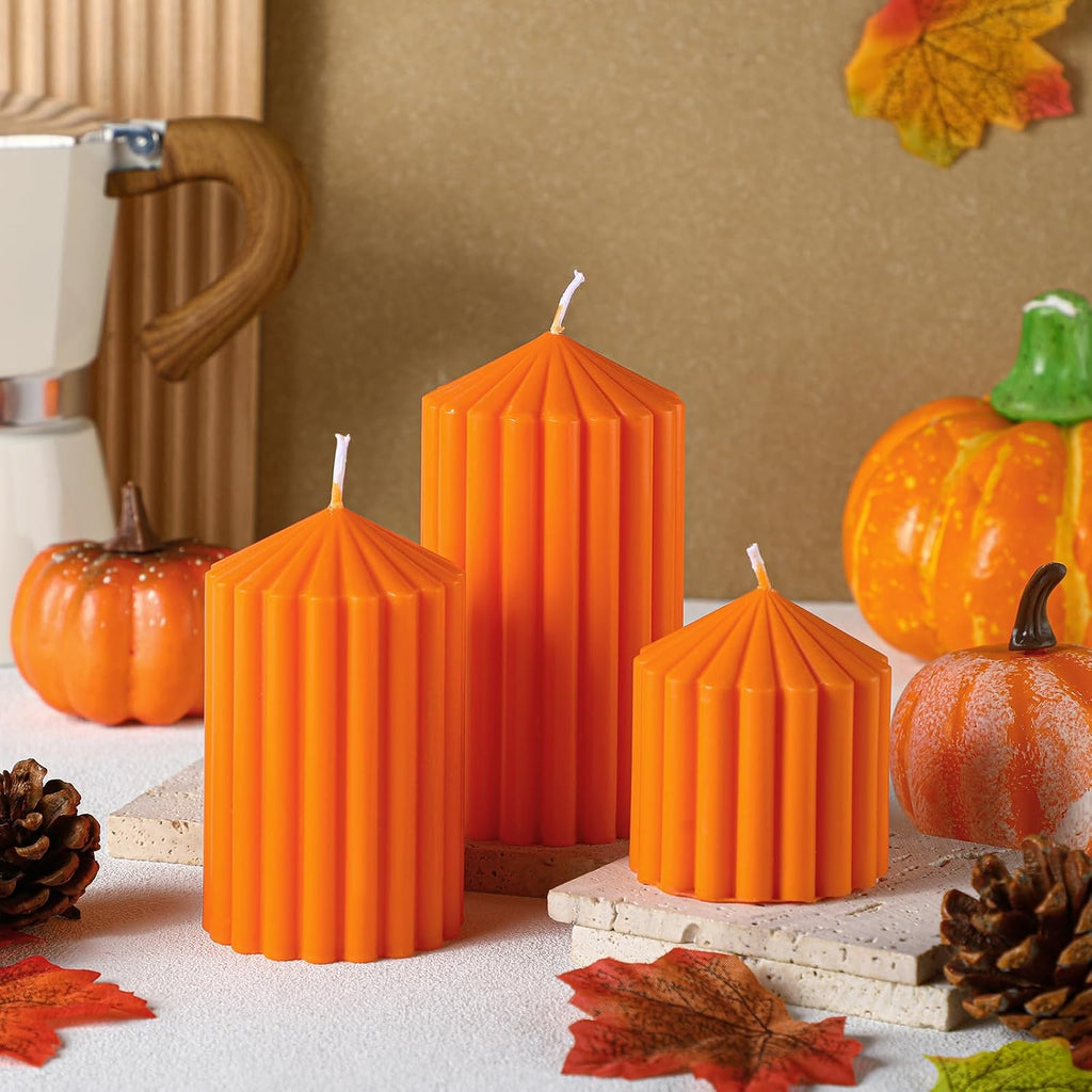 Conelist Set of 3 Fall Orange Ribbed Pillar Candles Soy Wax Scented Candles