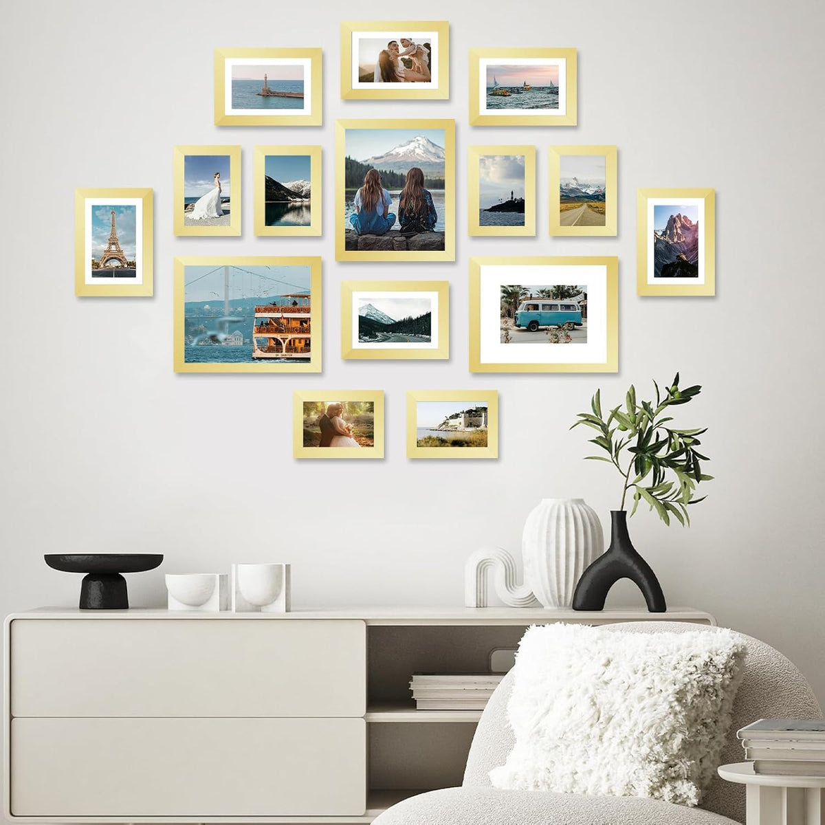 JCJMY 15 Pack Picture Frames Collage Wall Decor for Wall Hanging or Tabletop, Gallery Wall Frame Set for Family, Multi Sizes Photo Frames Collage Including 3Pcs 8x10, 6Pcs 5x7, 6Pcs 4x6, Gold