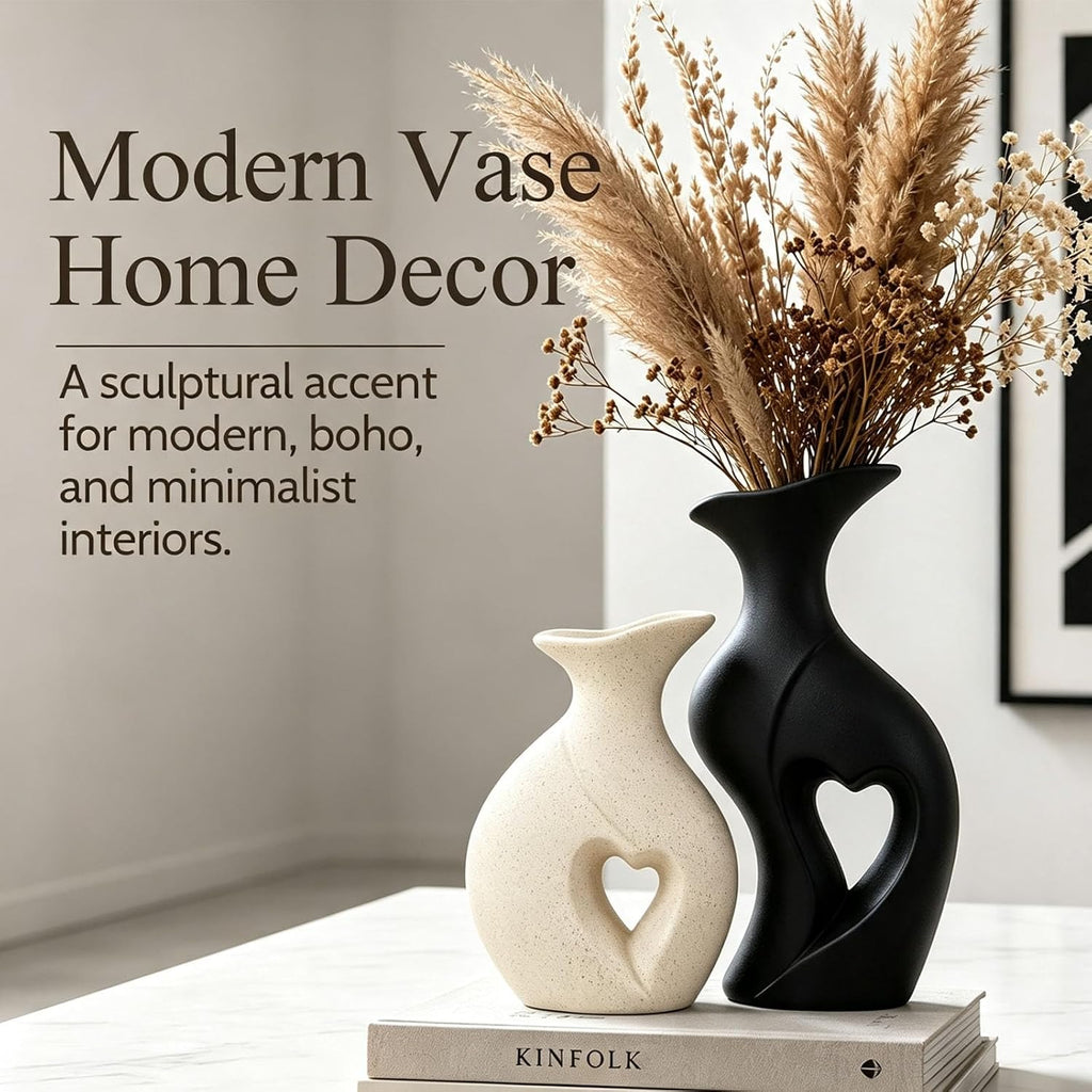 Modern Heart Ceramic Vases Flower Vase Set of 2 (Cream & Black)