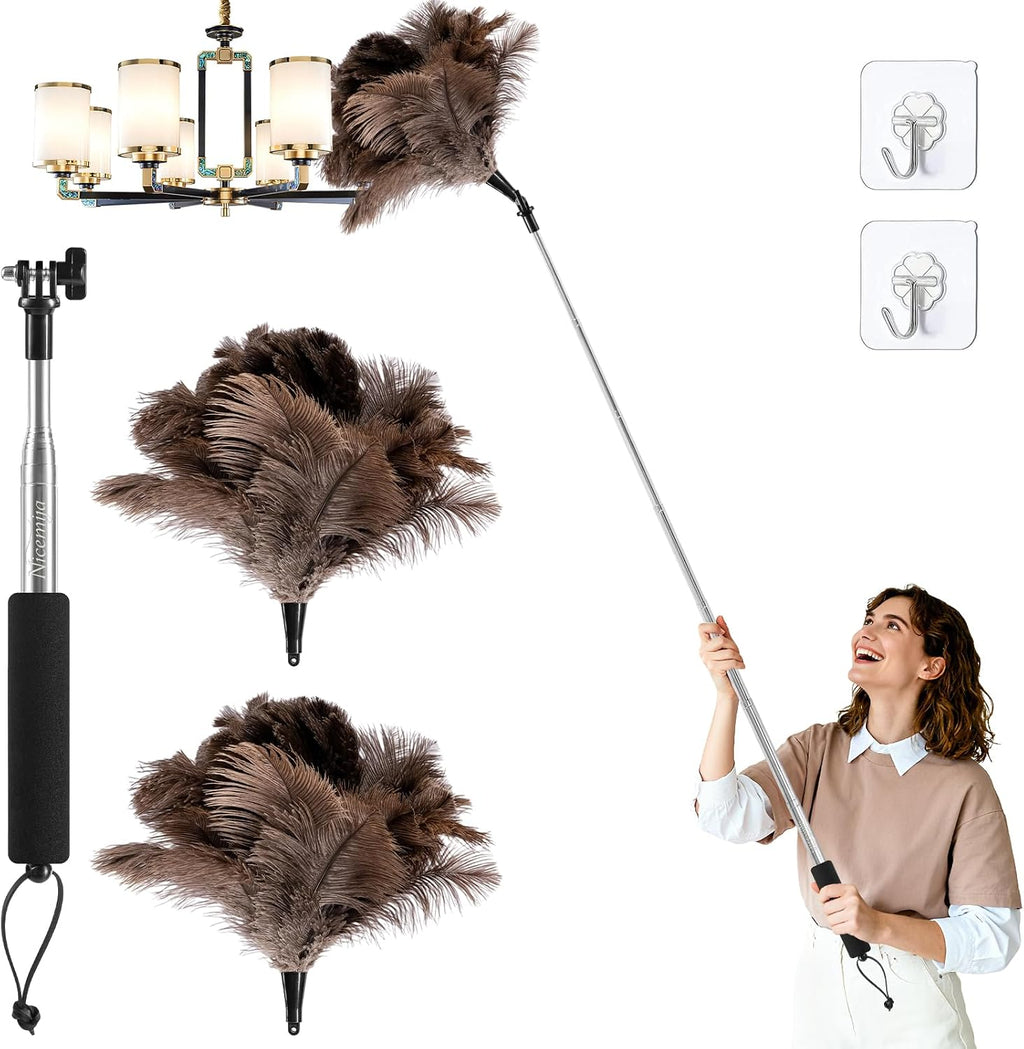 Extendable Ostrich Feather Duster for Cleaning with 49 inch Rotatable Pole