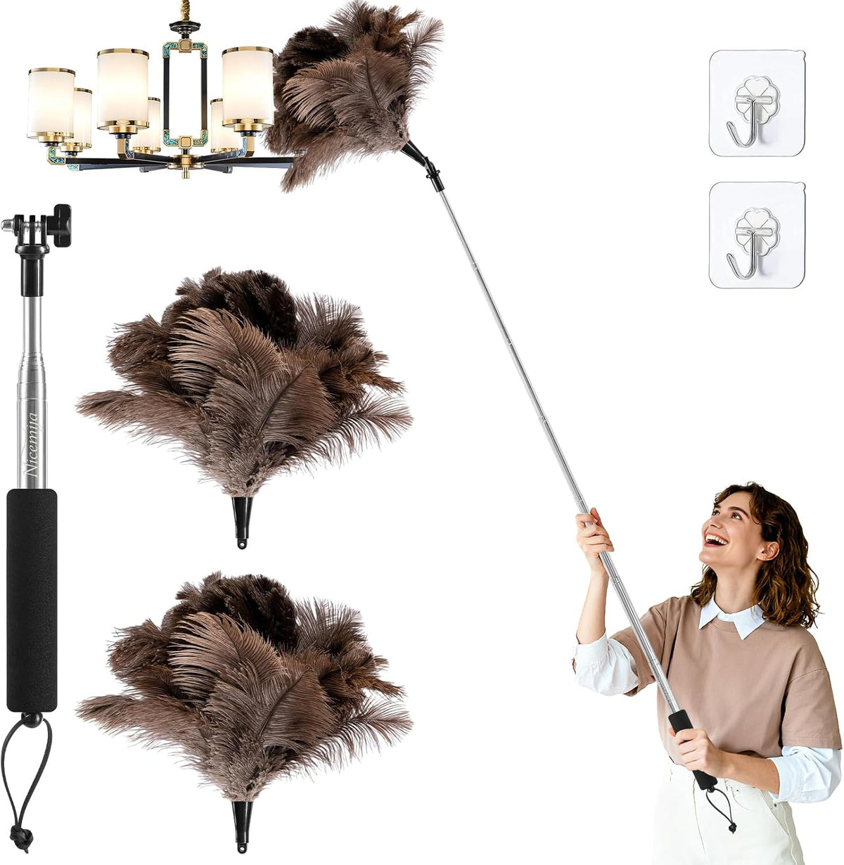 Extendable Ostrich Feather Duster for Cleaning with 49 inch Rotatable Pole