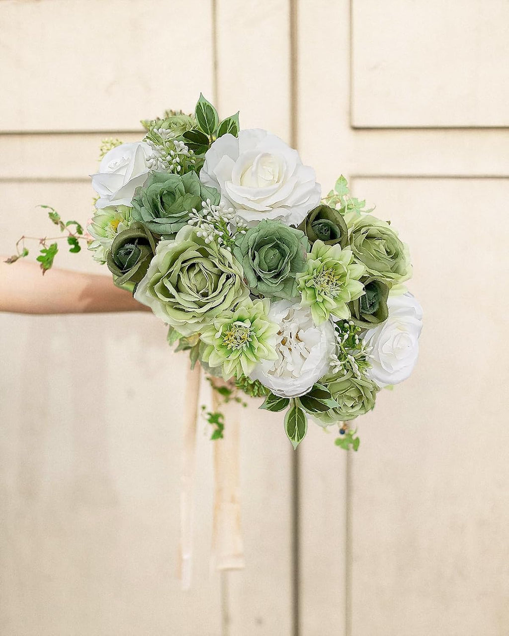 FACINOC Rose Artificial Flowers White Sage Green Bouquet Fake Flower Bulk