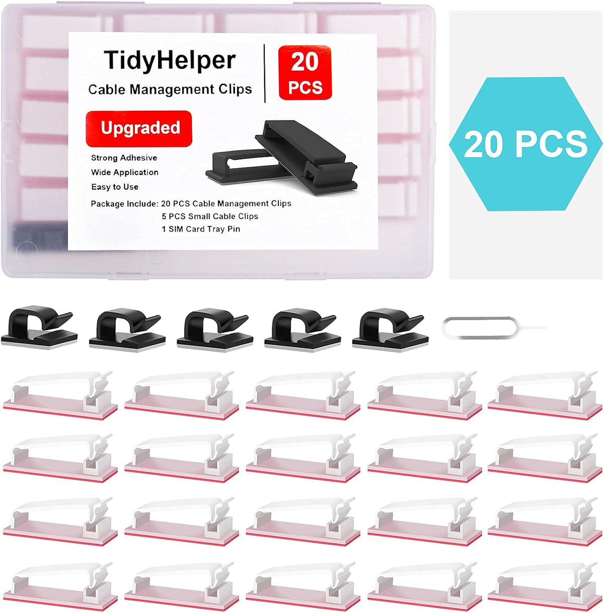 TidyHelper 20 PCS Cable Management Clips, White, for Multiple Cords
