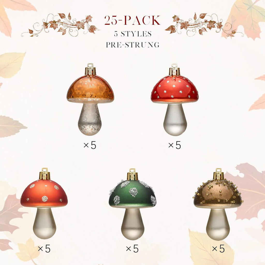 JORNOY Fall Ornaments for Tree, Shatterproof Plastic Harvest Decorations with Hanging String, Rustic Balls Baubles Bulk for Thanksgiving Home Decor, 25 Pack, Mushroom