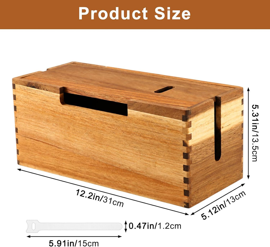 Acacia Wood Cable Management Box,Office Under Desk Cable Storage Box for Wire, Cord Hider Organizer for Power Strip, Electrical Hiding, TV Wires, Desk & Floor Cables