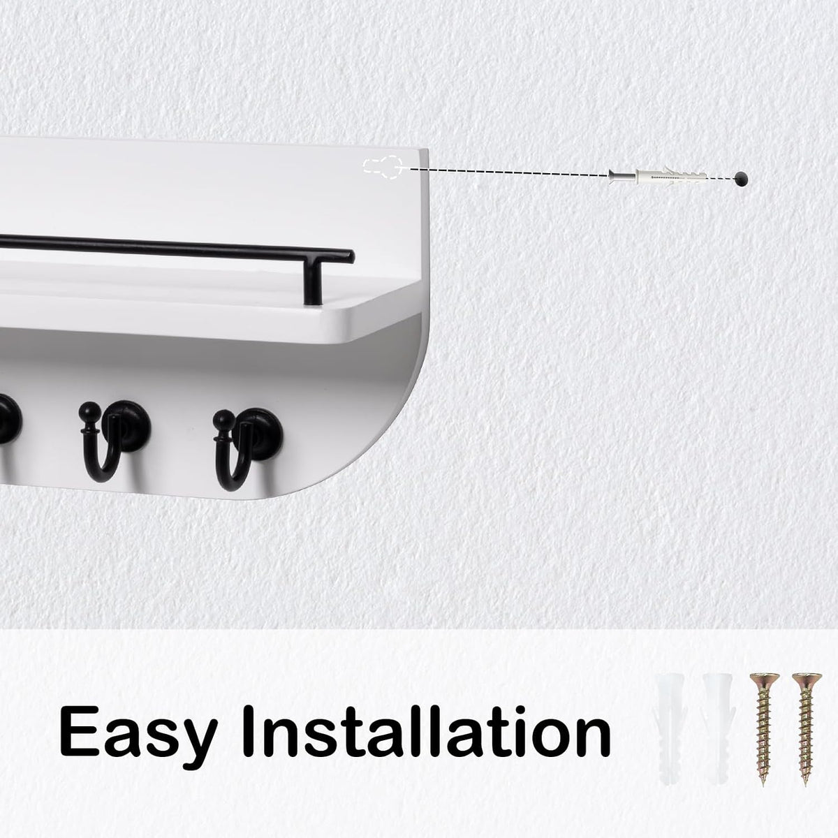 Key Holder for Wall, Decorative Key and Mail Organizer with 6 Sturdy Metal Hooks and Floating Shelf, 14 Inches Wood Wall Mounted Key Rack for Entryway, White and Black