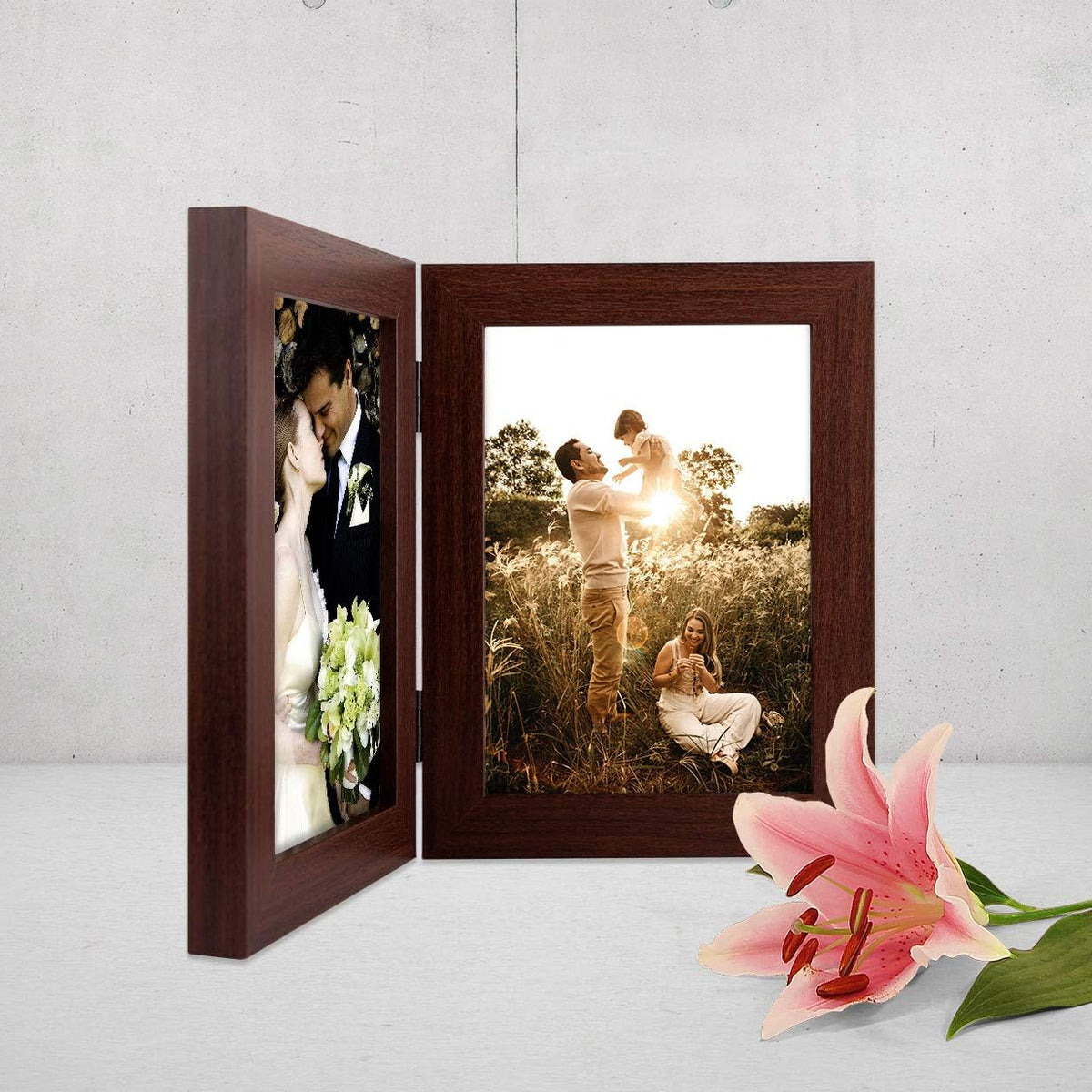 Golden State Art 5x7 Double Picture Frame, Hinged 2-Photo Frame,Brown 1Pack