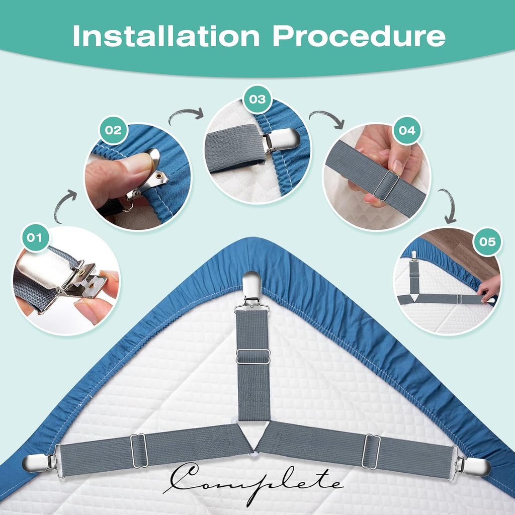Bed Sheet Straps, Easy to Install Bed Sheet Clips, Fitted Sheet Clips Sheet Straps, Say Goodbye to The Messy Sheets (Gray-8 Pcs)