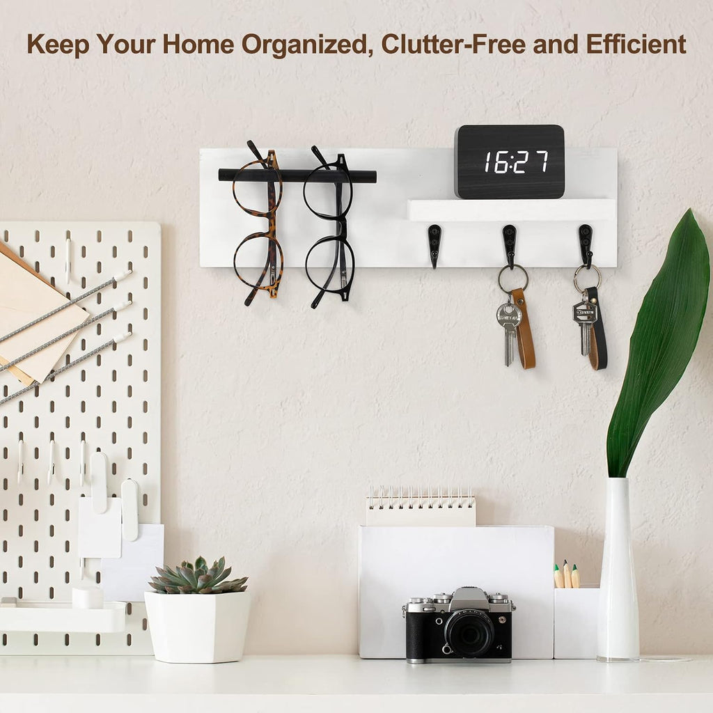 Key Holder for Wall, Decorative Entryway Shelf with Hooks Holds Keys, Dog Leash, Sunglasses – Key Hanger with 3 Hooks Organizes, Enhances Home Decor (15” x 4.5” x 2.6”) (White)