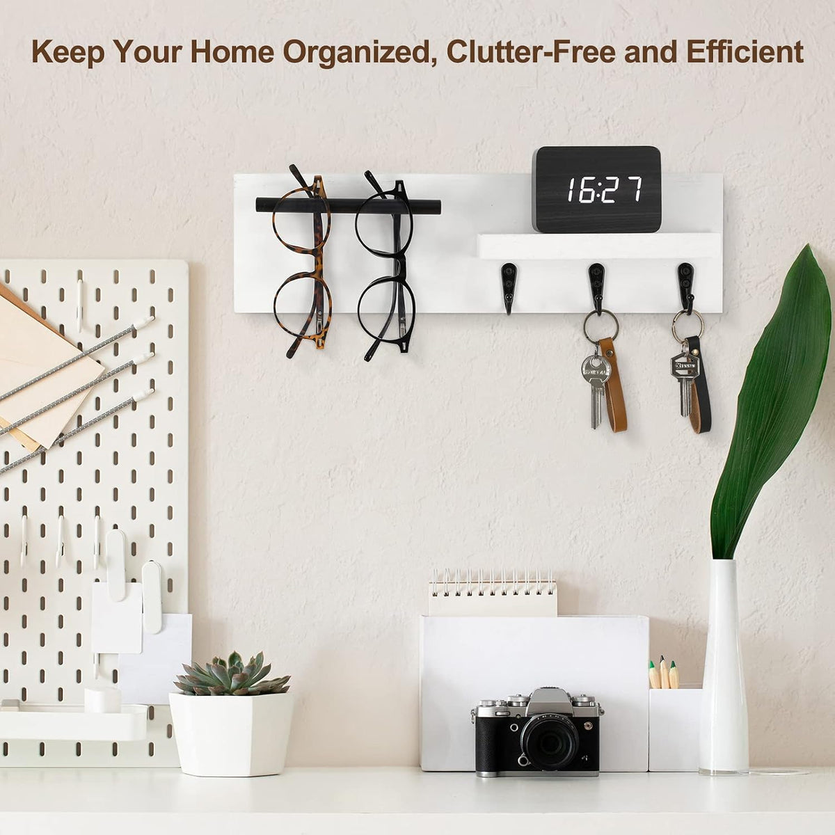 Key Holder for Wall, Decorative Entryway Shelf with Hooks Holds Keys, Dog Leash, Sunglasses – Key Hanger with 3 Hooks Organizes, Enhances Home Decor (15” x 4.5” x 2.6”) (White)