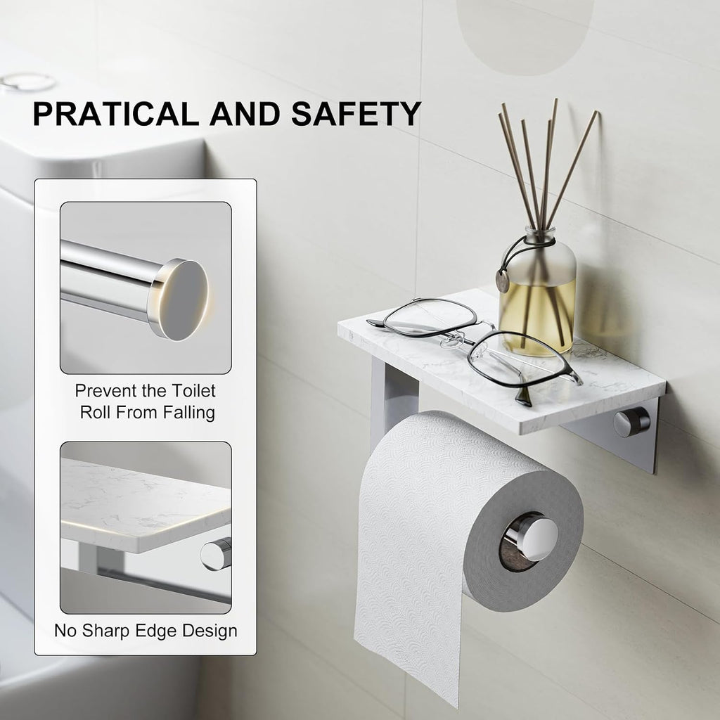 Chrome Toilet Paper Holder with Marble Shelf Tissue Roll Holder