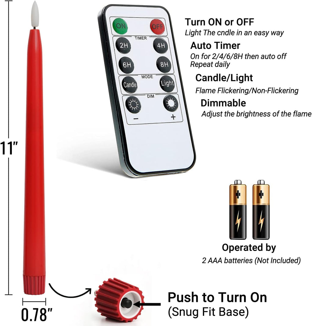 Stmarry Red Flameless Taper Candles with Remote Control - 11 Inch LED Candlesticks Battery Operated, Realistic 3D Flame with Wick, Timer, Christmas Decor - Set of 6