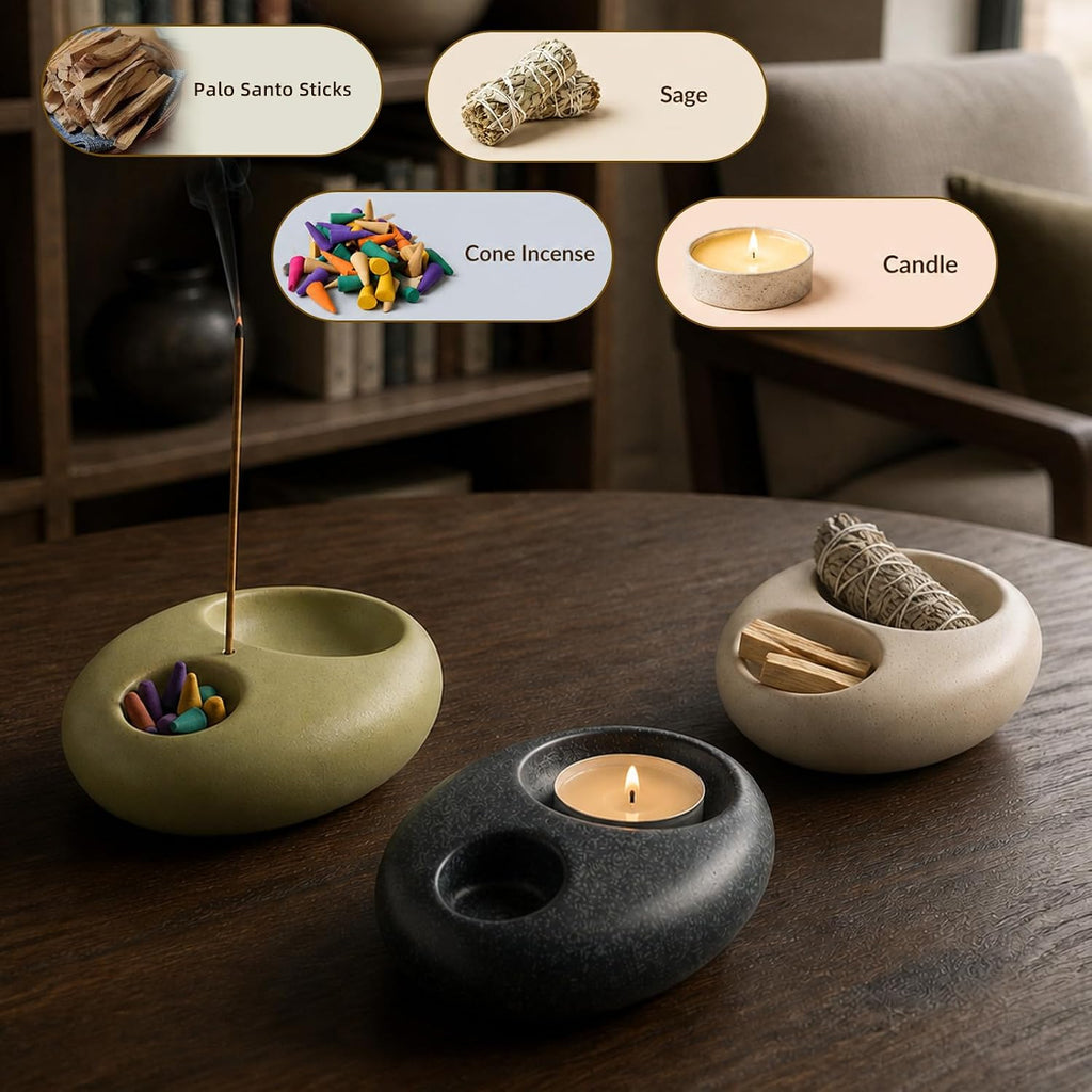 Pebble Ceramic Incense Holder 3-in-1 for Sage, Tea Lights & Sticks