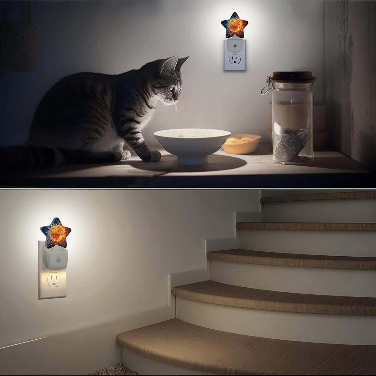 Basketball Fire Night Lights Plug into Wall with Dusk to Dawn Sensor,Lamp for Bedroom Bathroom Hallway Nightlight for Women Girls