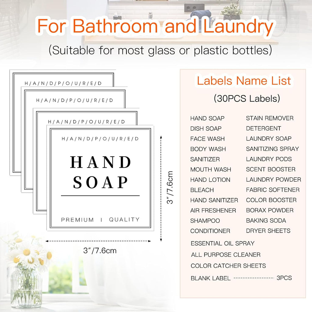 TESWEY 30PCS Waterproof Labels for Bottles, Minimalist Bathroom and Laundry Room Labels Set, Self-Adhesive Labels Stickers for Soap Dispenser and Laundry Jars, Hand Soap Shampoo Conditioner Label