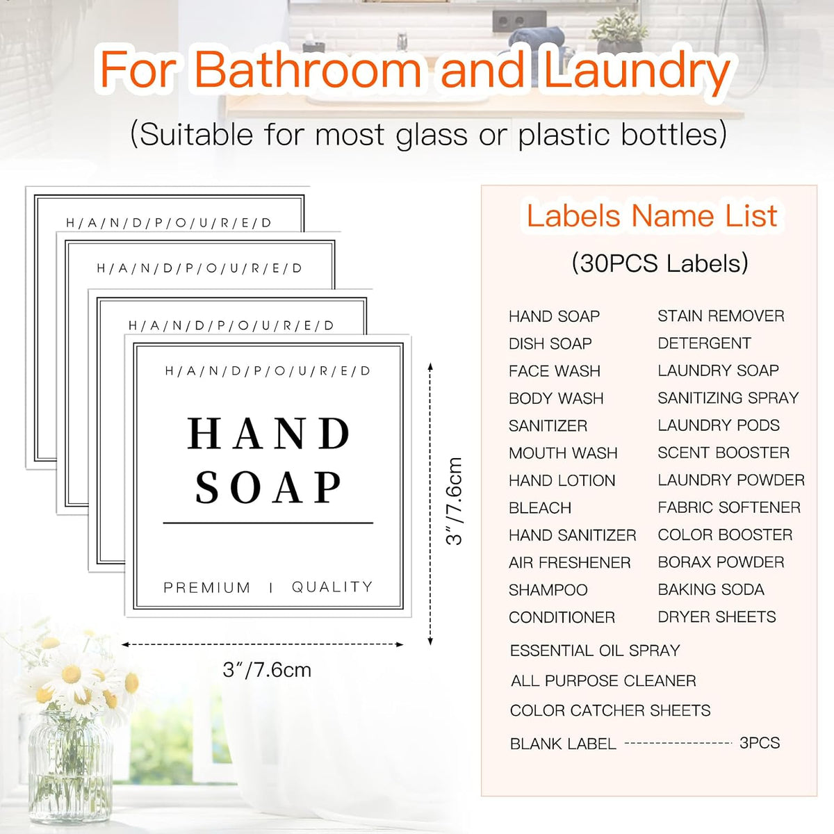 TESWEY 30PCS Waterproof Labels for Bottles, Minimalist Bathroom and Laundry Room Labels Set, Self-Adhesive Labels Stickers for Soap Dispenser and Laundry Jars, Hand Soap Shampoo Conditioner Label
