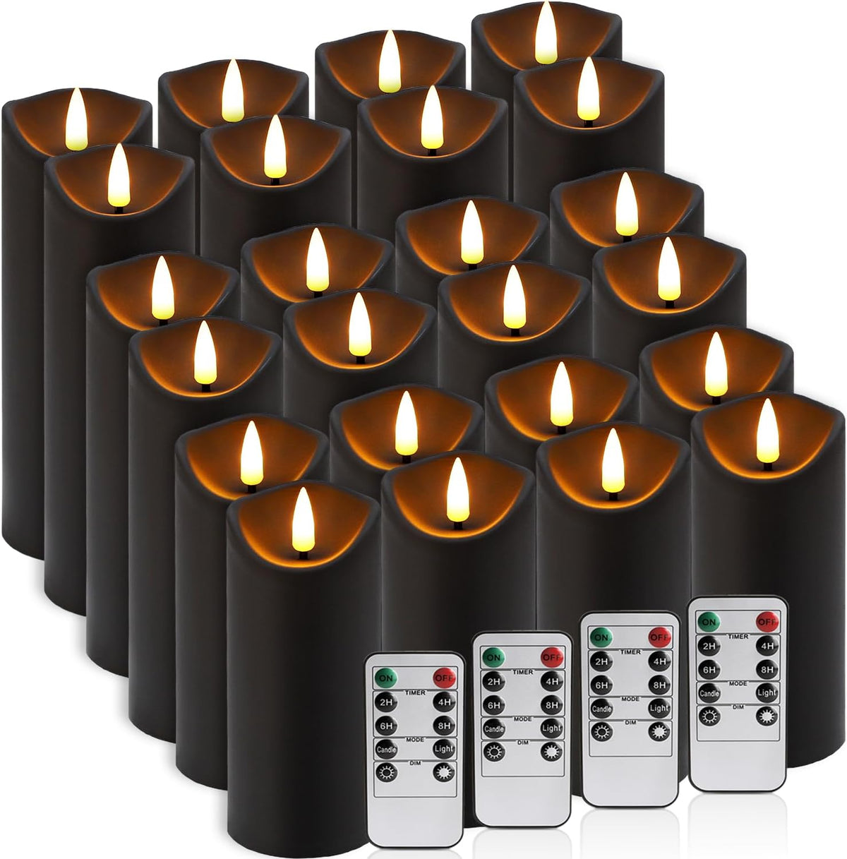 fclayvts Realistic Flameless LED Candle Black Set of 24, Battery Operated with Remote Control, 3D Flame Pillar Timer Funtion Melted Top Safe,Perfect for Indoor/Outdoor Decor,Wedding,BBQ and Gift